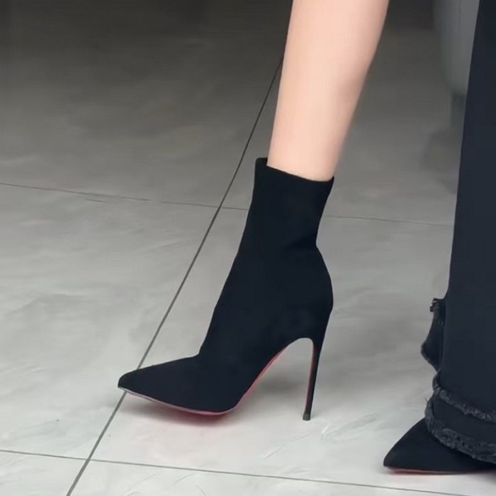 Giày bốt dáng ôm, bốt ngắn cho nữ, đế đỏ da lộn, mũi nhọn, bốt ngắn màu đen, bốt cao gót cho nữ, ph
