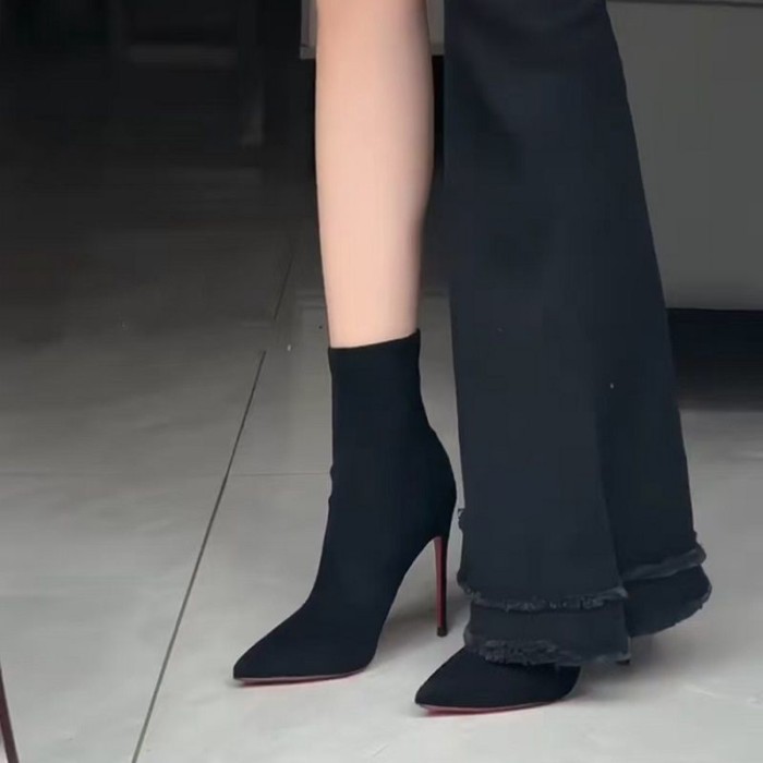 Giày bốt dáng ôm, bốt ngắn cho nữ, đế đỏ da lộn, mũi nhọn, bốt ngắn màu đen, bốt cao gót cho nữ, ph