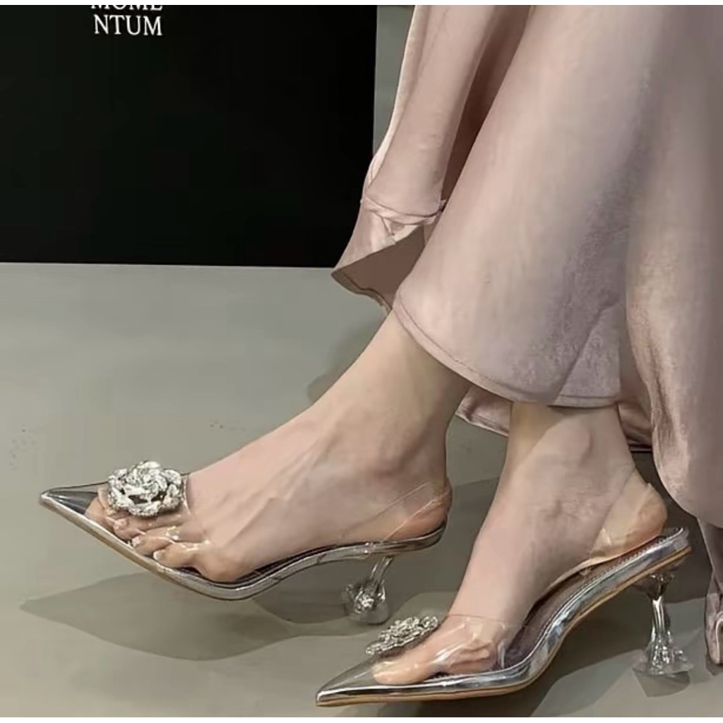 Giày cao gót mica đính hoa hồng 5cm,7cm,9cm mica mềm nhẹ dễ đi mũi hở (41)