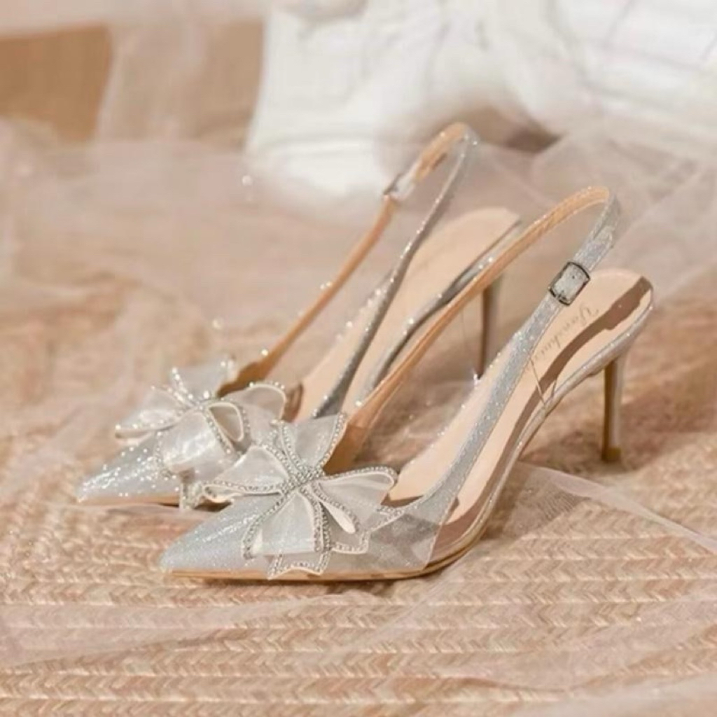 Giày cao gót nhũ kim tuyến nữ nơ cánh tiên mũi nhọn quai hậu 5cm, 8cm. CÓ SIZE 40 (32)