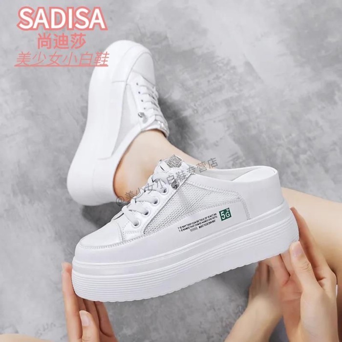 Giày da lưới nửa cốc trắng đế dày mũi giày bên trong tăng chiều cao cho nữ