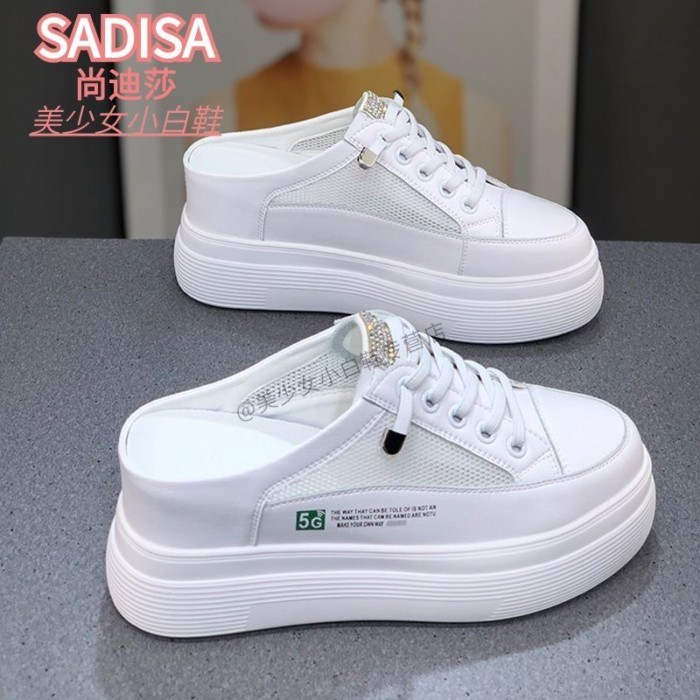 Giày da lưới nửa cốc trắng đế dày mũi giày bên trong tăng chiều cao cho nữ