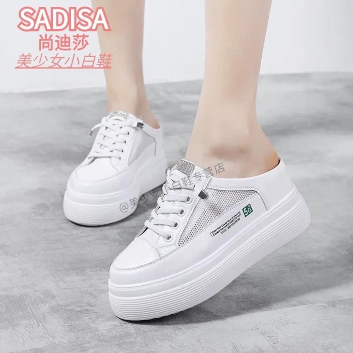 Giày da lưới nửa cốc trắng đế dày mũi giày bên trong tăng chiều cao cho nữ