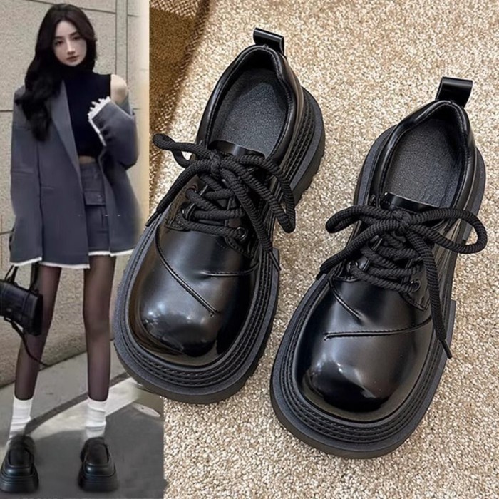 Giày da nhỏ kiểu Anh đế dày dành cho nữ tăng chiều cao Giày nữ Mary Jane giày đế bệt mũi to