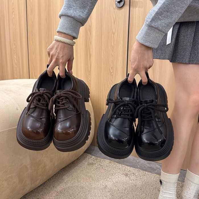Giày da nhỏ kiểu Anh đế dày dành cho nữ tăng chiều cao Giày nữ Mary Jane giày đế bệt mũi to