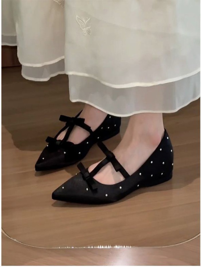 Giày sa tanh mũi nhọn đính đá sa tanh Mary Jane đa năng có nơ cổ tích cho nữ