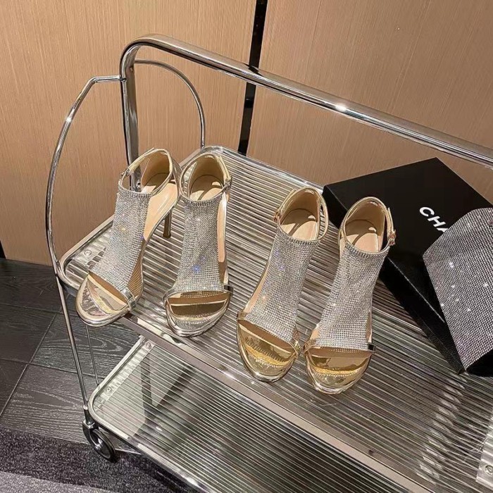 Giày sandal cao gót một dây đính đá cho nữ, đế mỏng, đa năng, không gây mỏi chân, phong cách thời t