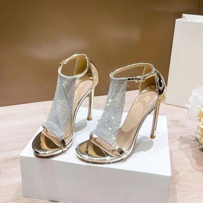 Giày sandal cao gót một dây đính đá cho nữ, đế mỏng, đa năng, không gây mỏi chân, phong cách thời t