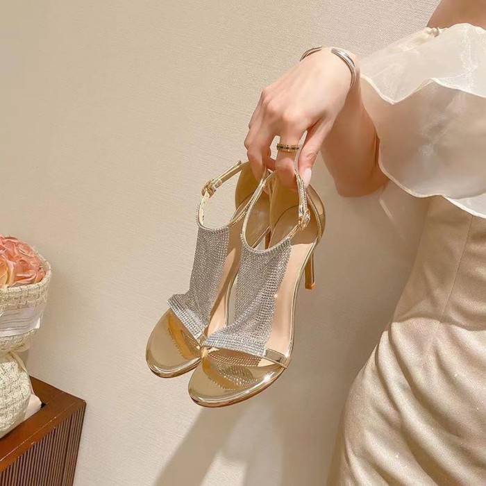 Giày sandal cao gót một dây đính đá cho nữ, đế mỏng, đa năng, không gây mỏi chân, phong cách thời t