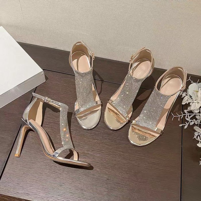 Giày sandal cao gót một dây đính đá cho nữ, đế mỏng, đa năng, không gây mỏi chân, phong cách thời t