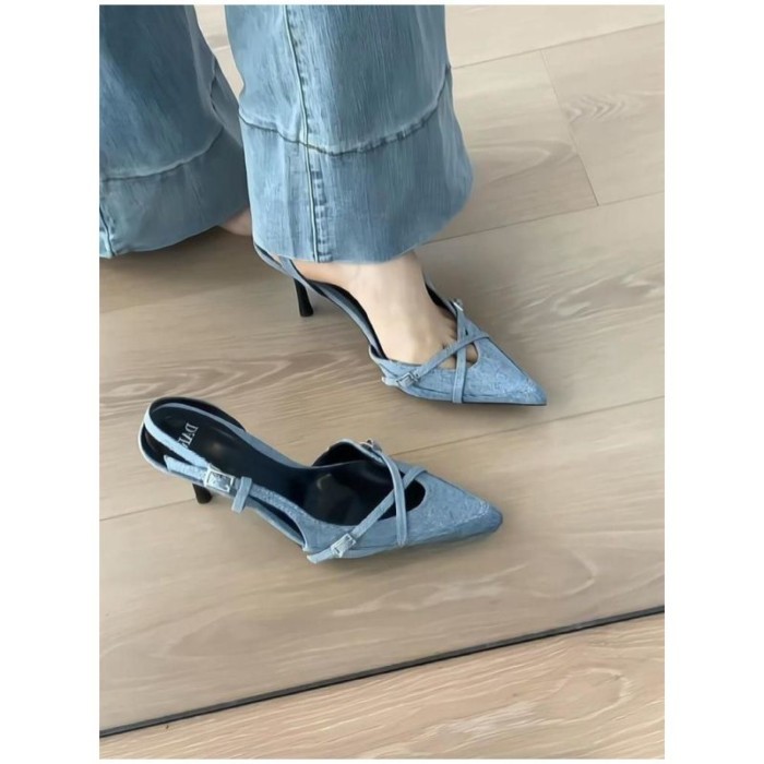 Giày sandal cao gót mũi nhọn màu xanh denim thời trang dành cho nữ mùa hè quai ngang gót nhọn giày