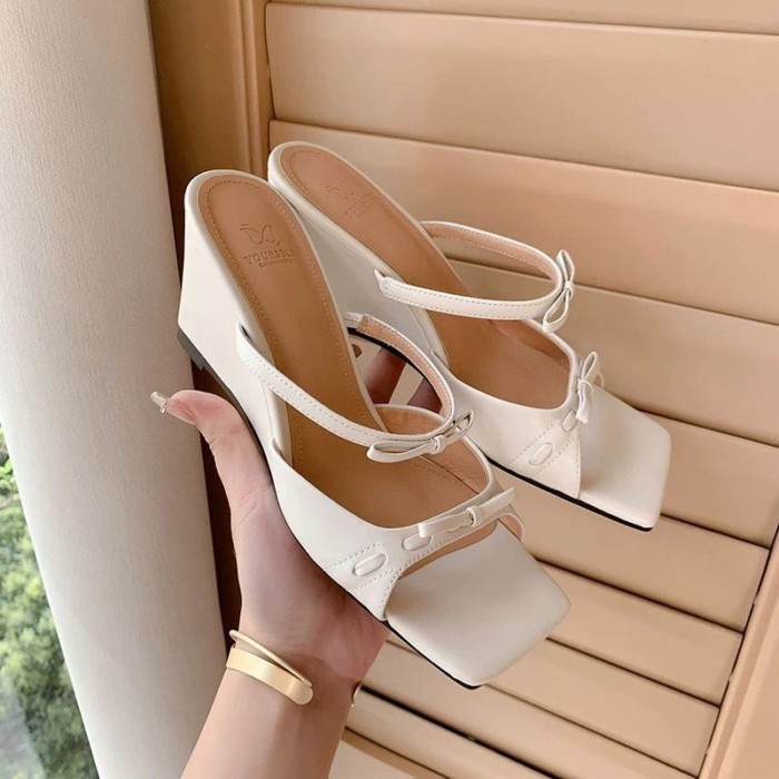 Giày sandal cao gót nơ kiểu Pháp hở mũi thanh lịch Giày thể thao mùa hè