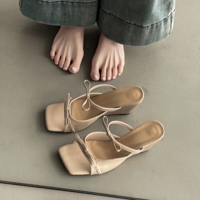 Giày sandal cao gót nơ kiểu Pháp hở mũi thanh lịch Giày thể thao mùa hè