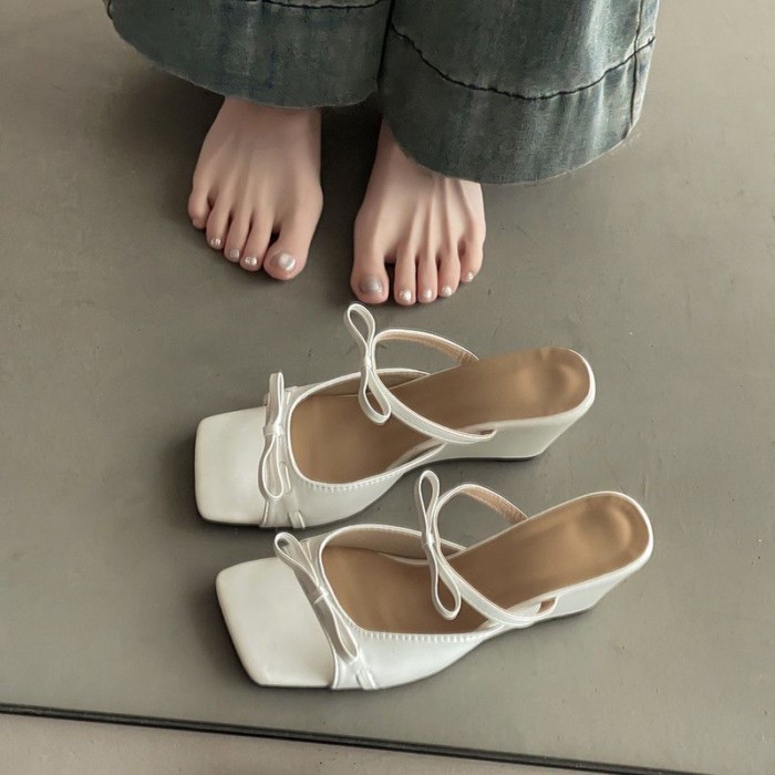 Giày sandal cao gót nơ kiểu Pháp hở mũi thanh lịch Giày thể thao mùa hè
