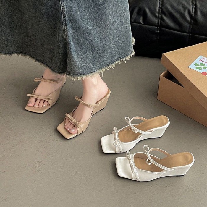 Giày sandal cao gót nơ kiểu Pháp hở mũi thanh lịch Giày thể thao mùa hè