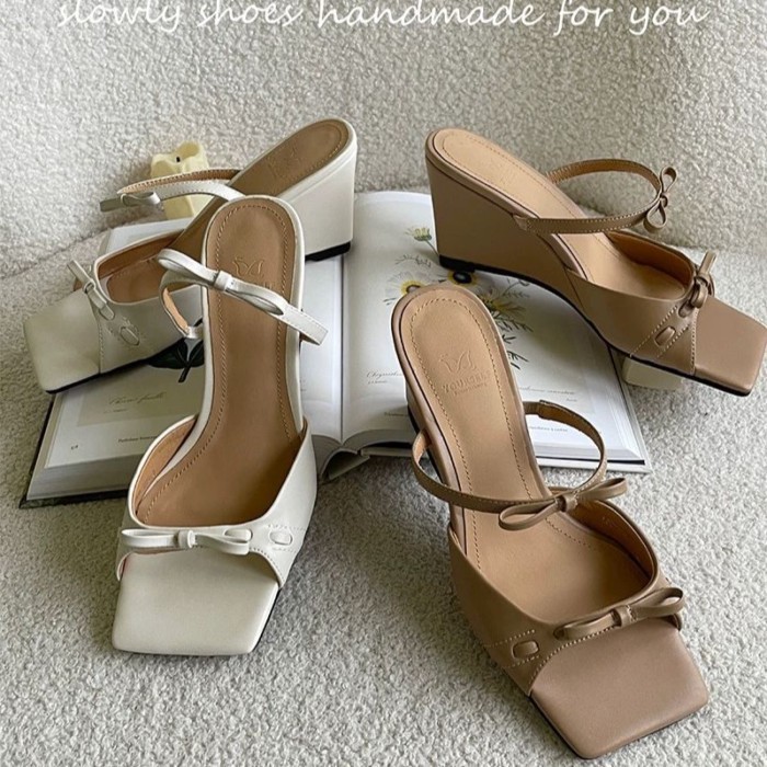 Giày sandal cao gót nơ kiểu Pháp hở mũi thanh lịch Giày thể thao mùa hè