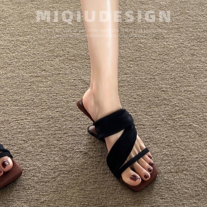 Giày sandal cao gót nữ mặc ngoài, hai dây, đế nêm đa năng, mũi vuông, dép hở mũi cho nữ