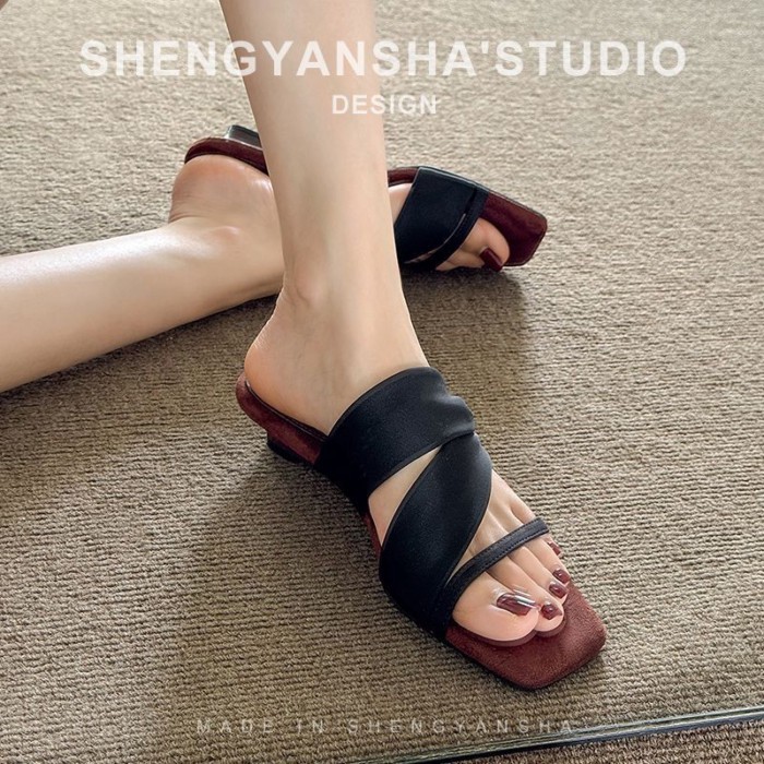 Giày sandal cao gót nữ mặc ngoài, hai dây, đế nêm đa năng, mũi vuông, dép hở mũi cho nữ