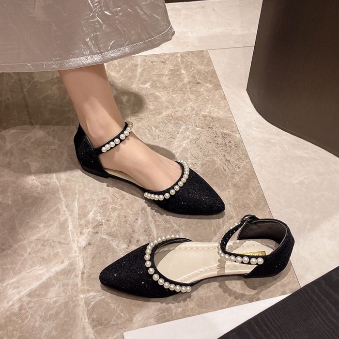 Giày sandal đế bằng một mũi nhọn mùa hè dành cho nữ với giày đế bệt và ngọc trai rỗng thoáng khí