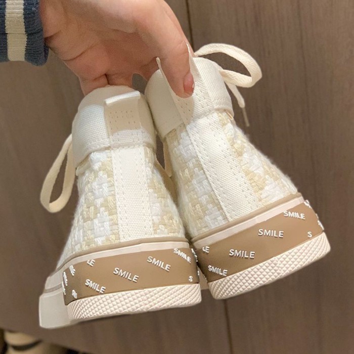 Giày vải canvas cổ cao dành cho nữ, giày thể thao đế dày màu xanh lá cây chống trượt và giày trắng