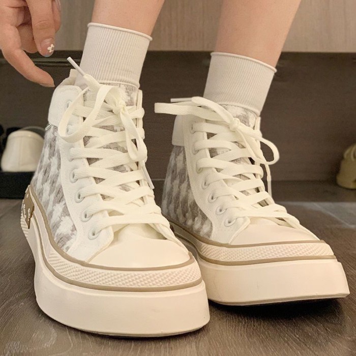 Giày vải canvas cổ cao dành cho nữ, giày thể thao đế dày màu xanh lá cây chống trượt và giày trắng