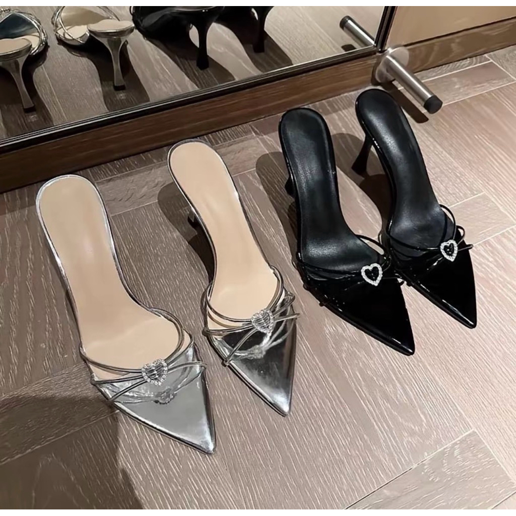 Guốc cao gót nơ trái tim 7cm quai chéo tiểu thư sang chảnh (23)