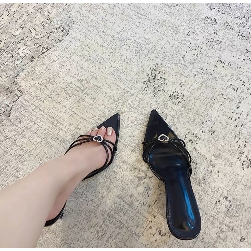 Guốc cao gót nơ trái tim 7cm quai chéo tiểu thư sang chảnh (23)