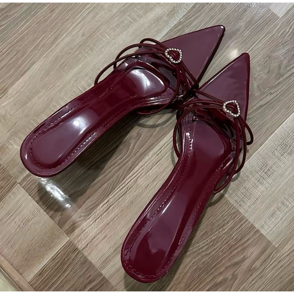 Guốc cao gót nơ trái tim 7cm quai chéo tiểu thư sang chảnh (23)