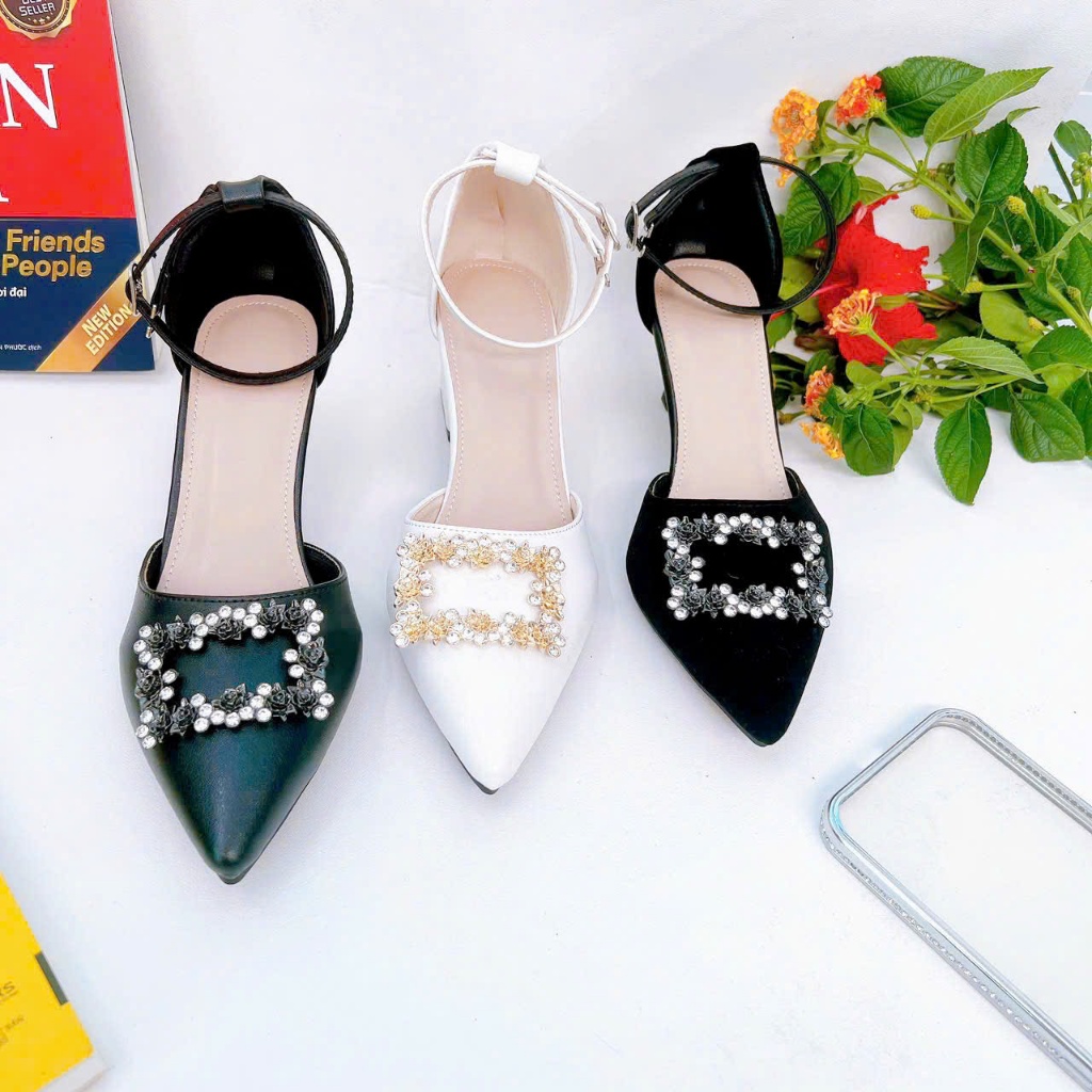 H02- Giày Hậu Bít phối Tag đá Hoa Hồng , gót 3cm-7cm