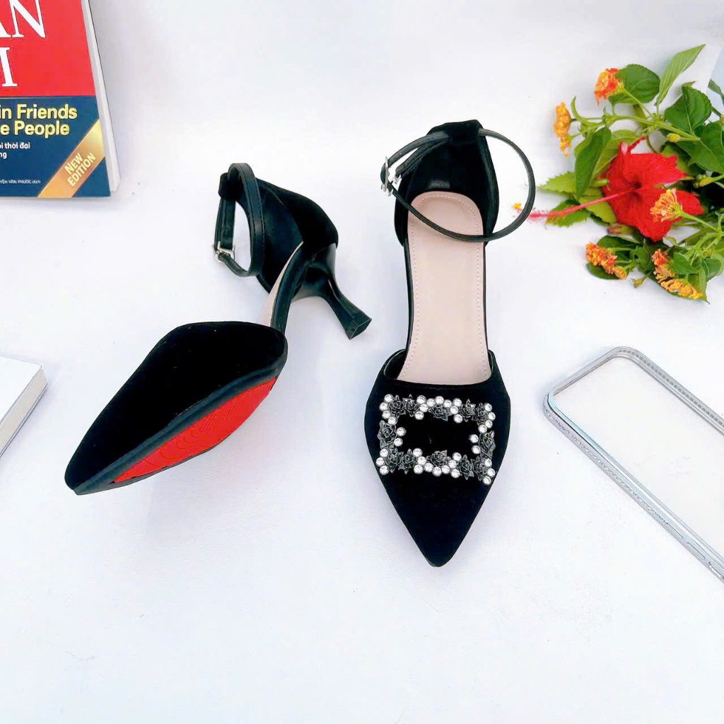 H02- Giày Hậu Bít phối Tag đá Hoa Hồng , gót 3cm-7cm