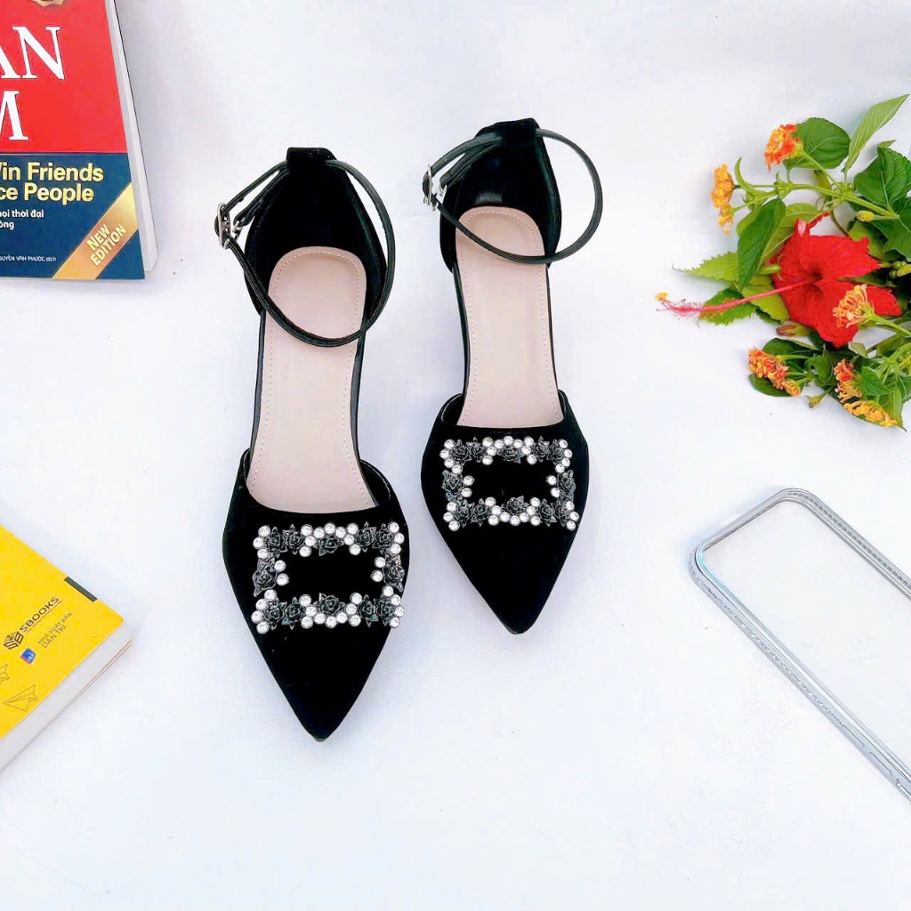 H02- Giày Hậu Bít phối Tag đá Hoa Hồng , gót 3cm-7cm