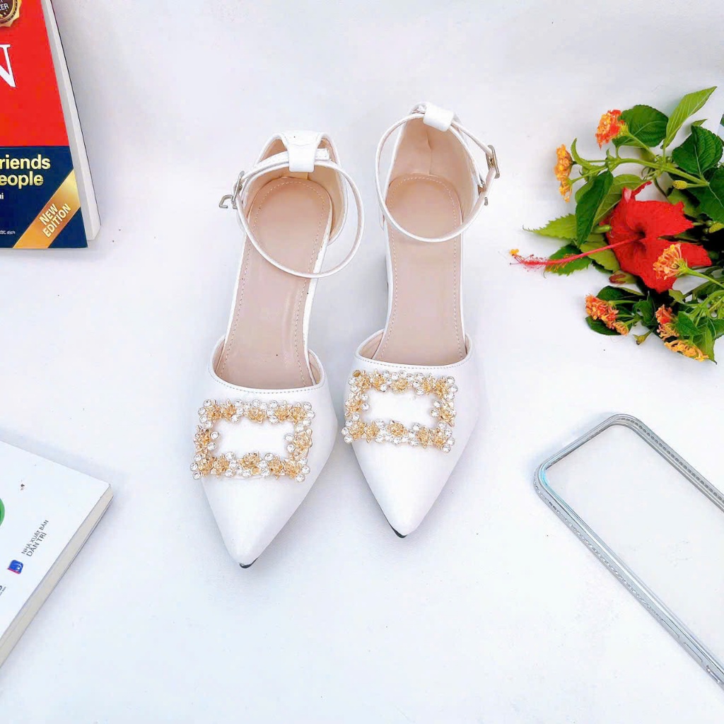 H02- Giày Hậu Bít phối Tag đá Hoa Hồng , gót 3cm-7cm
