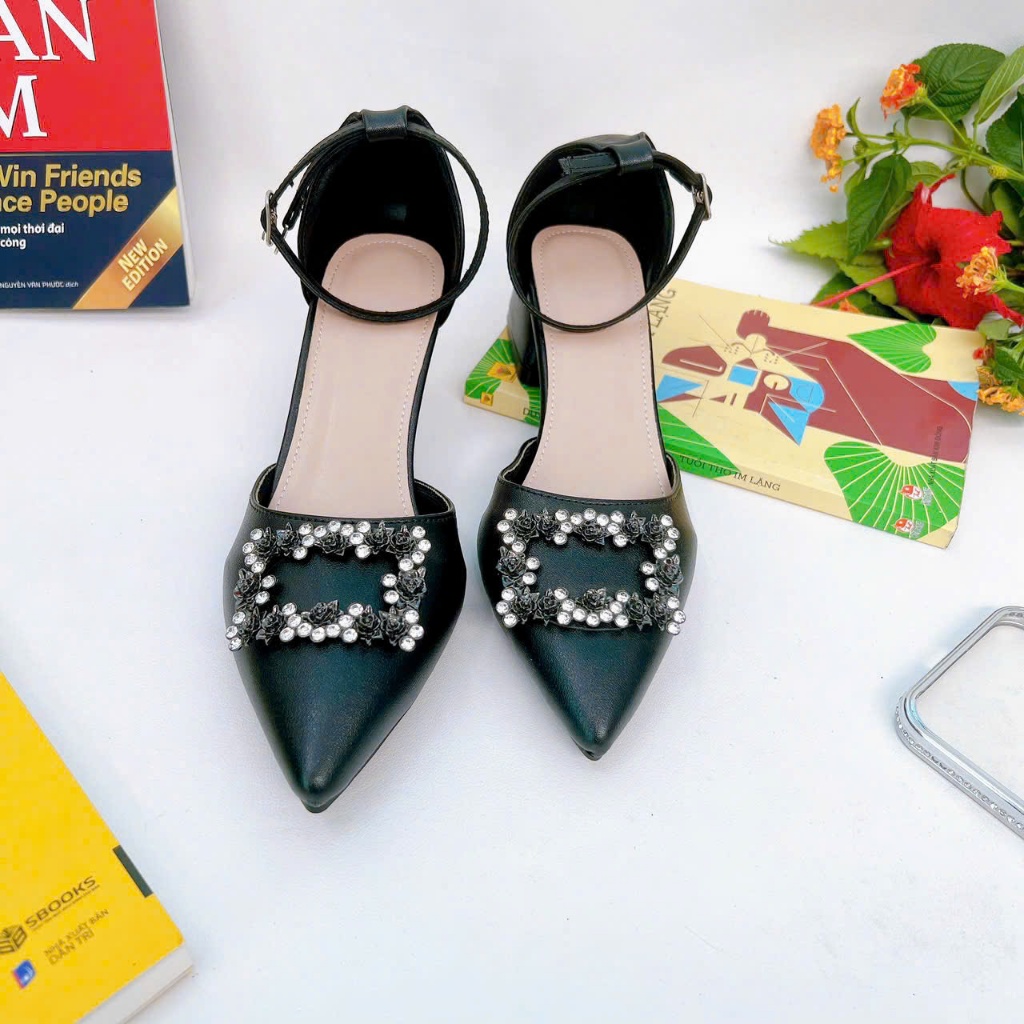H02- Giày Hậu Bít phối Tag đá Hoa Hồng , gót 3cm-7cm