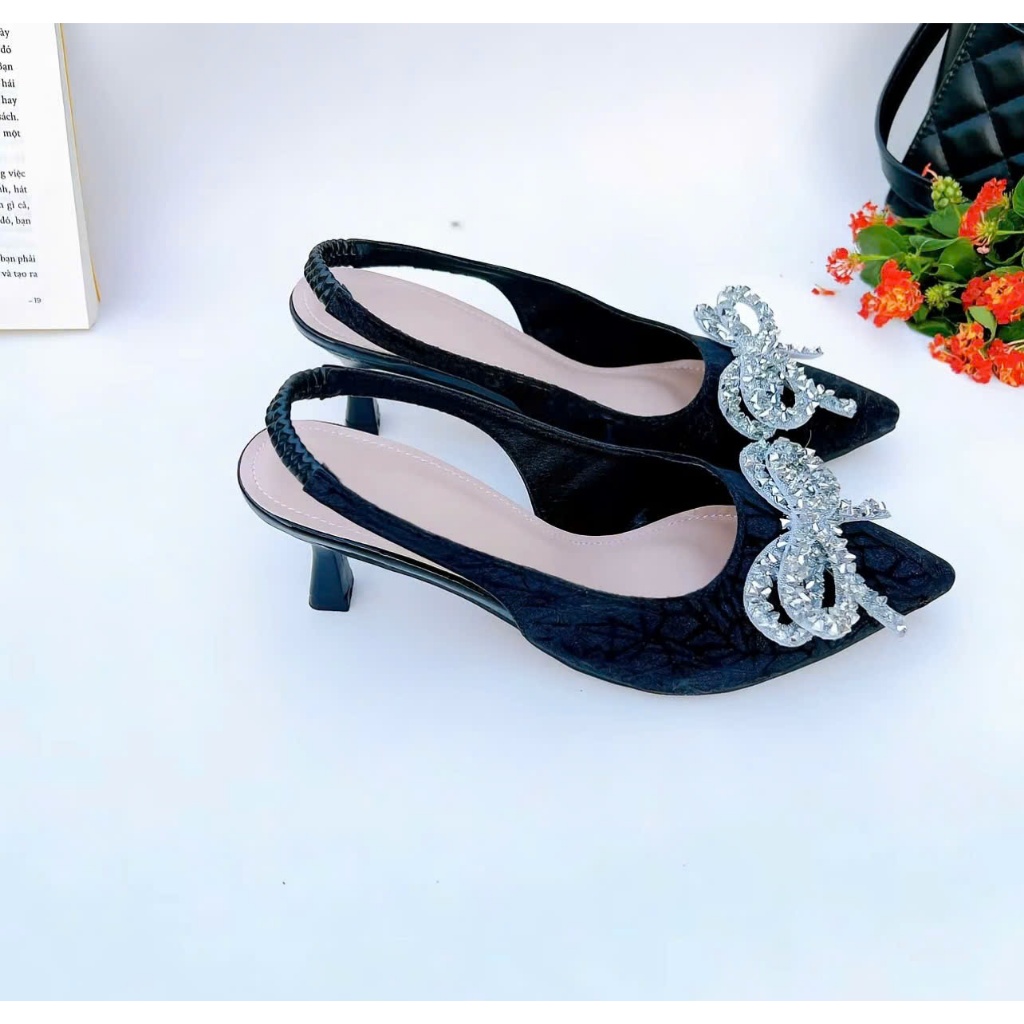 H05-Giày Kim Sa phối nơ đá , gót cao từ 3cm-7cm