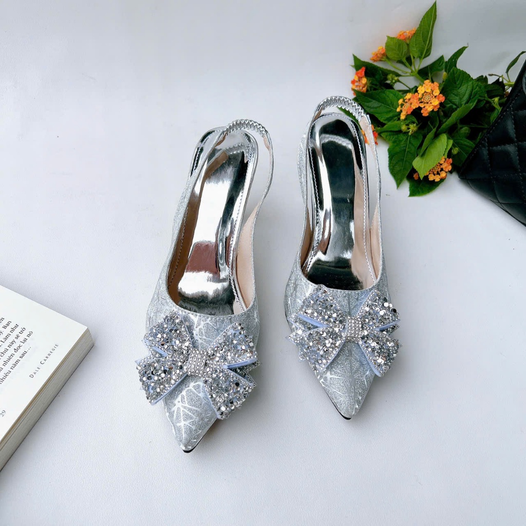 H08-Giày Kim Sa 3 màu Bạc, Đồng, Đen Kim Sa, gót 3cm-7cm, nơ kim sa