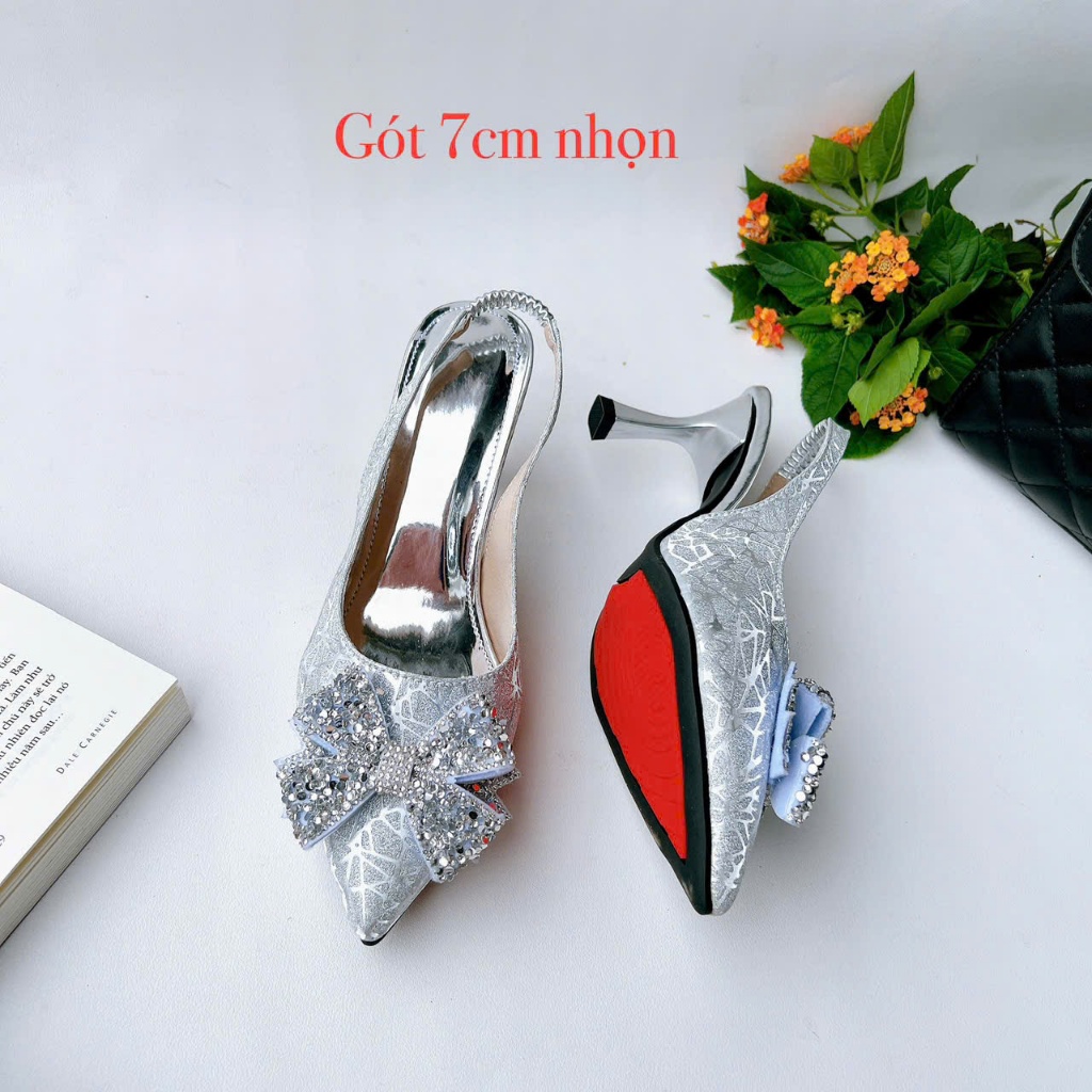 H08-Giày Kim Sa 3 màu Bạc, Đồng, Đen Kim Sa, gót 3cm-7cm, nơ kim sa