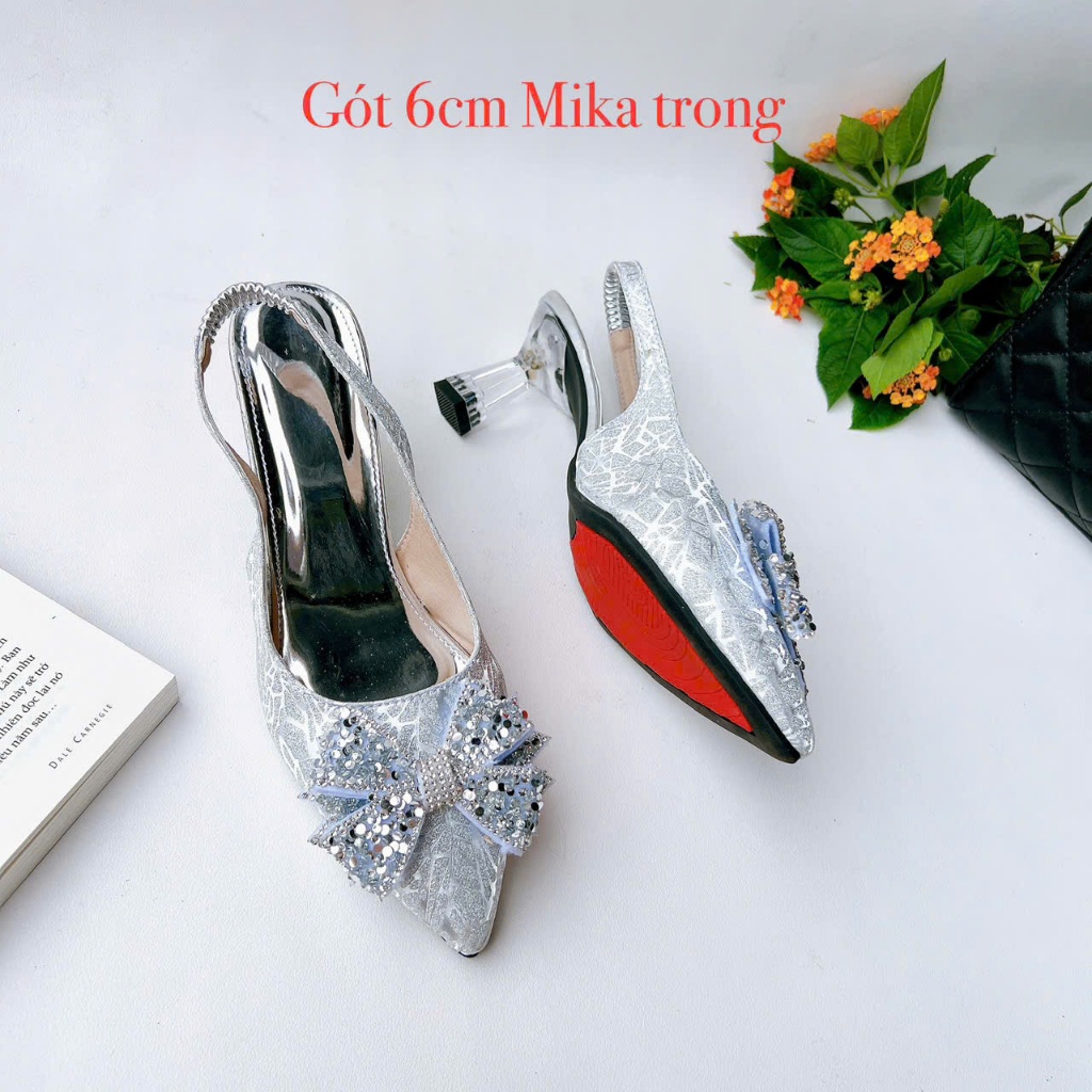 H08-Giày Kim Sa 3 màu Bạc, Đồng, Đen Kim Sa, gót 3cm-7cm, nơ kim sa