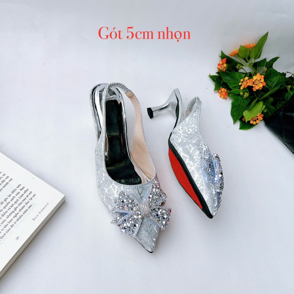 H08-Giày Kim Sa 3 màu Bạc, Đồng, Đen Kim Sa, gót 3cm-7cm, nơ kim sa