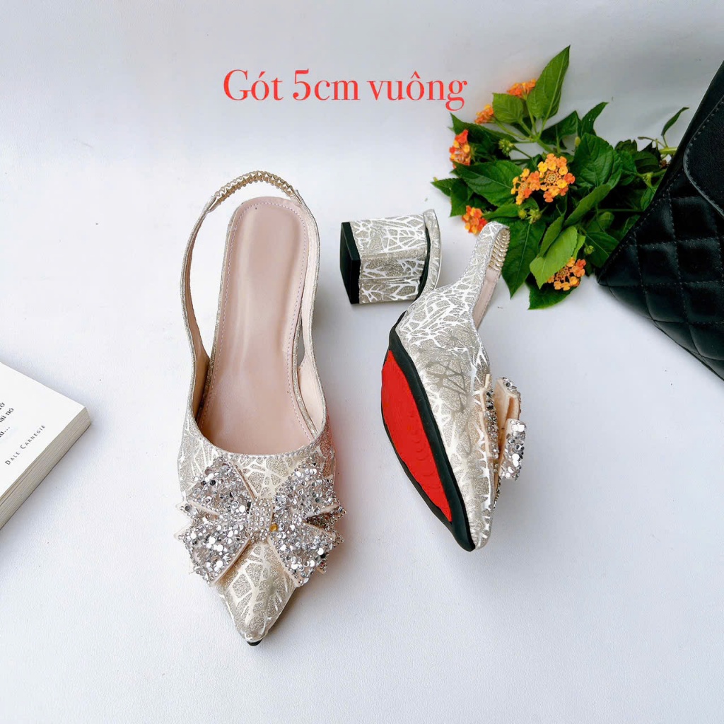 H08-Giày Kim Sa 3 màu Bạc, Đồng, Đen Kim Sa, gót 3cm-7cm, nơ kim sa