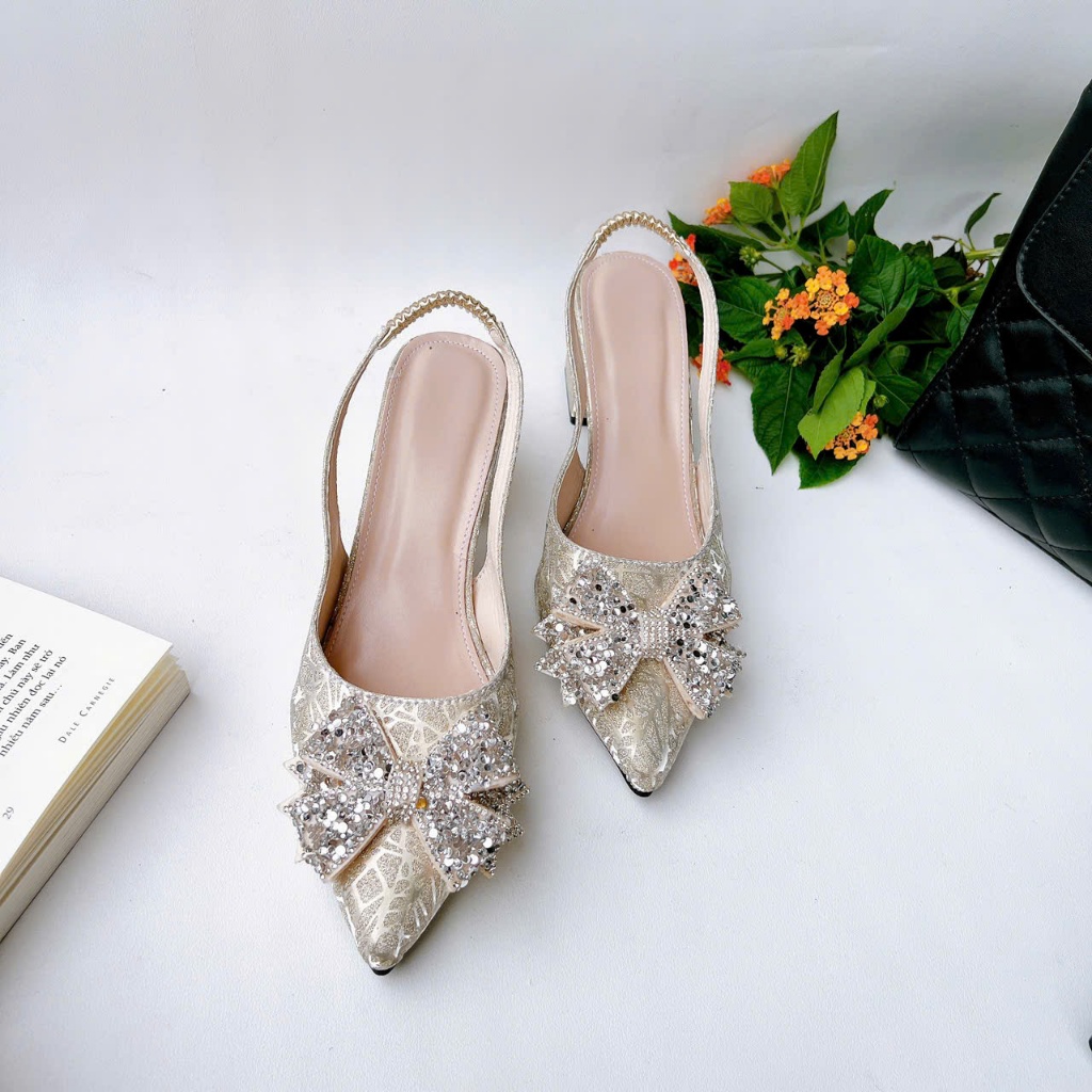 H08-Giày Kim Sa 3 màu Bạc, Đồng, Đen Kim Sa, gót 3cm-7cm, nơ kim sa