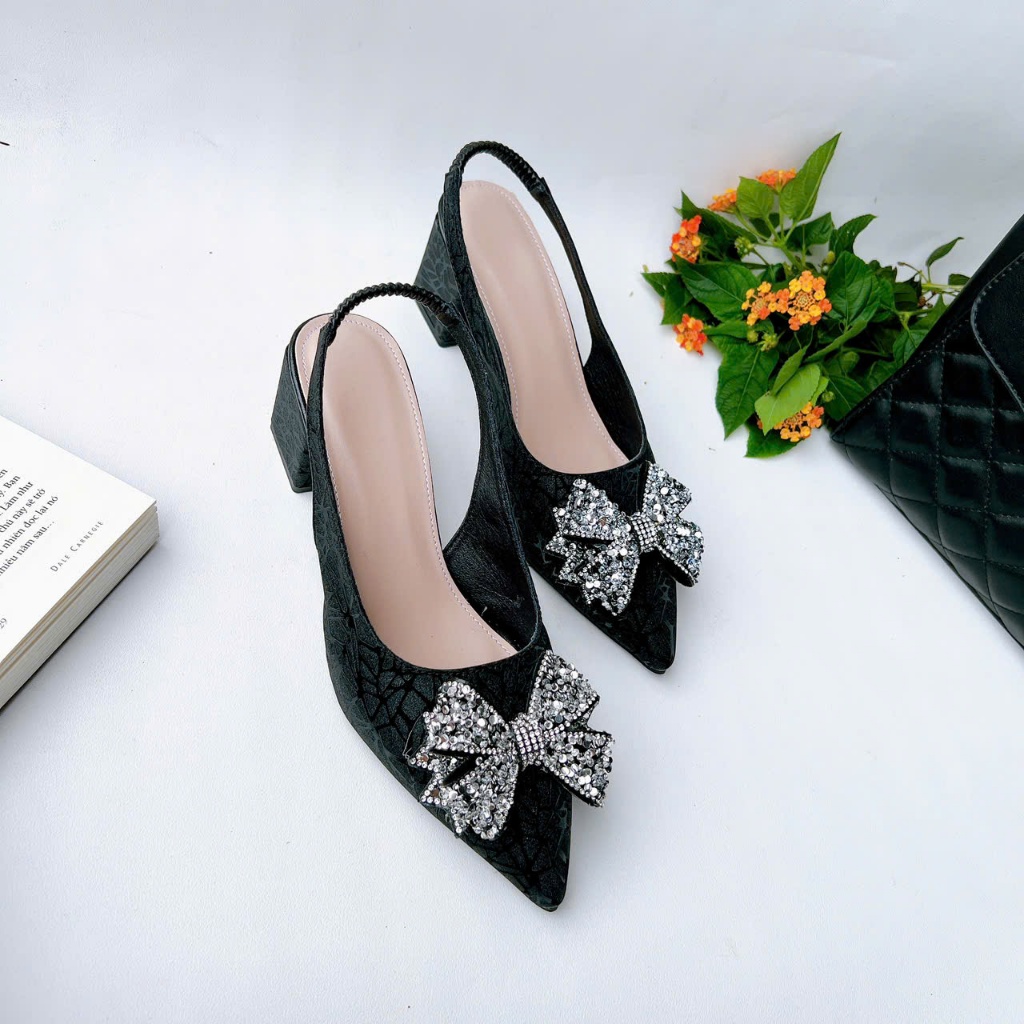 H08-Giày Kim Sa 3 màu Bạc, Đồng, Đen Kim Sa, gót 3cm-7cm, nơ kim sa