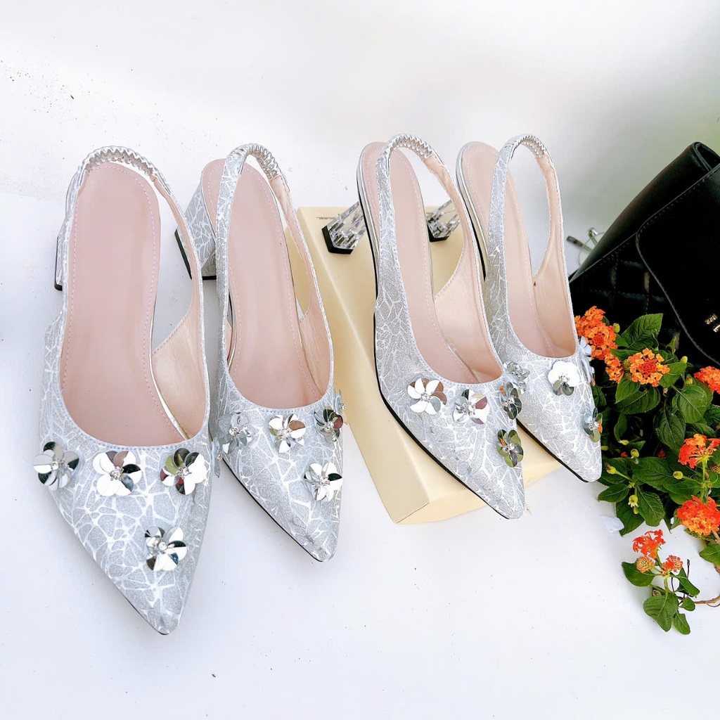 H14- Giày cao gót kim sa hoa nhí, size 35-40, gót 3-7cm