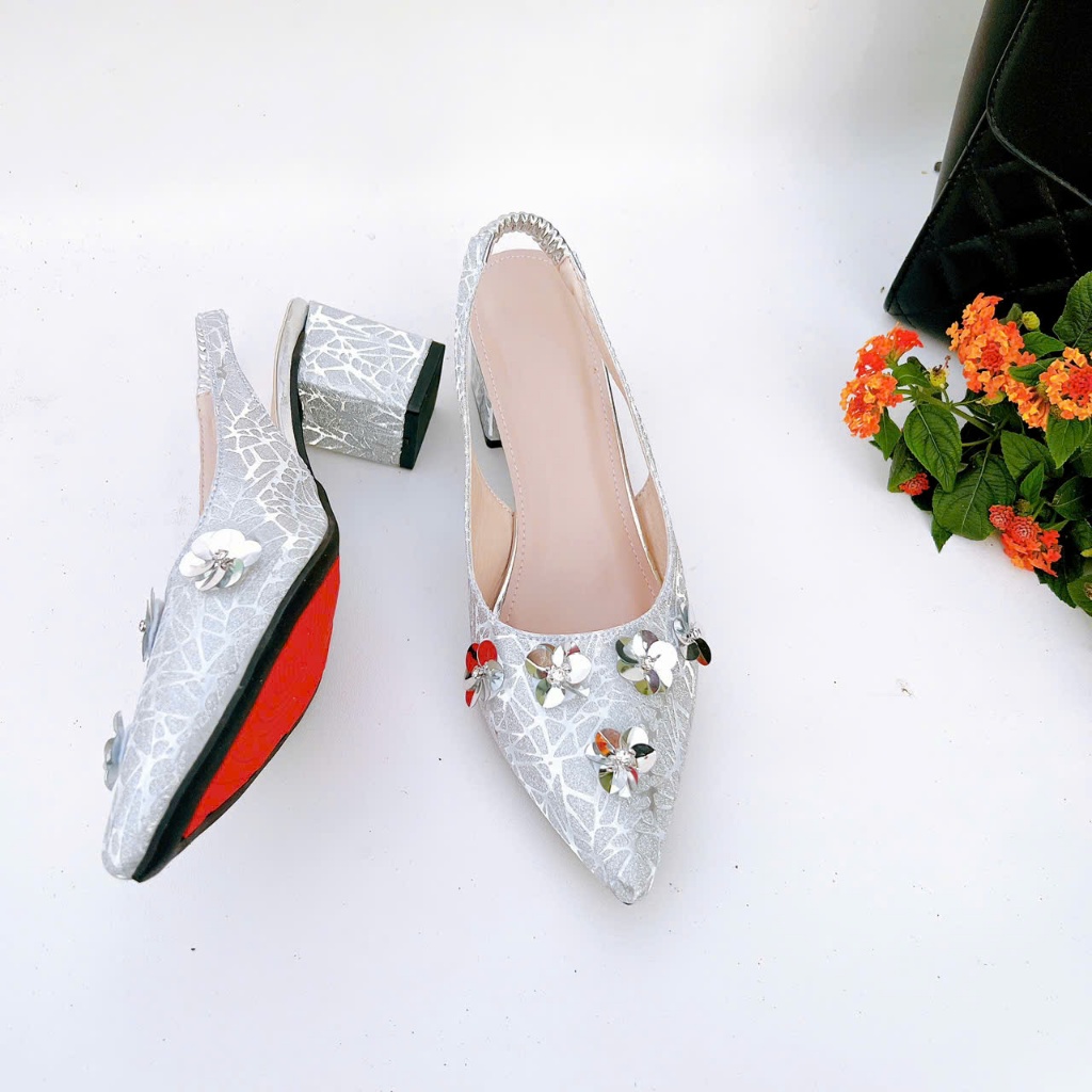 H14- Giày cao gót kim sa hoa nhí, size 35-40, gót 3-7cm