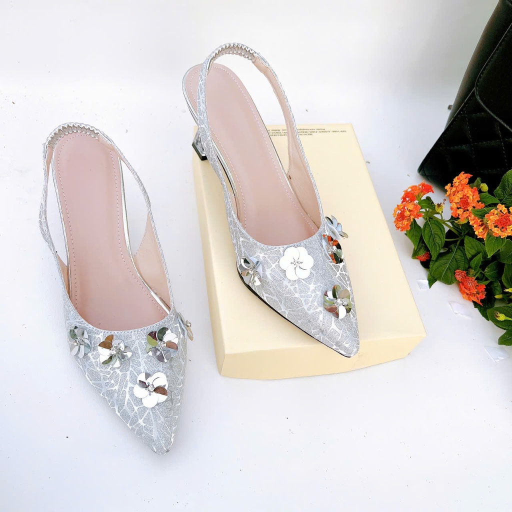 H14- Giày cao gót kim sa hoa nhí, size 35-40, gót 3-7cm