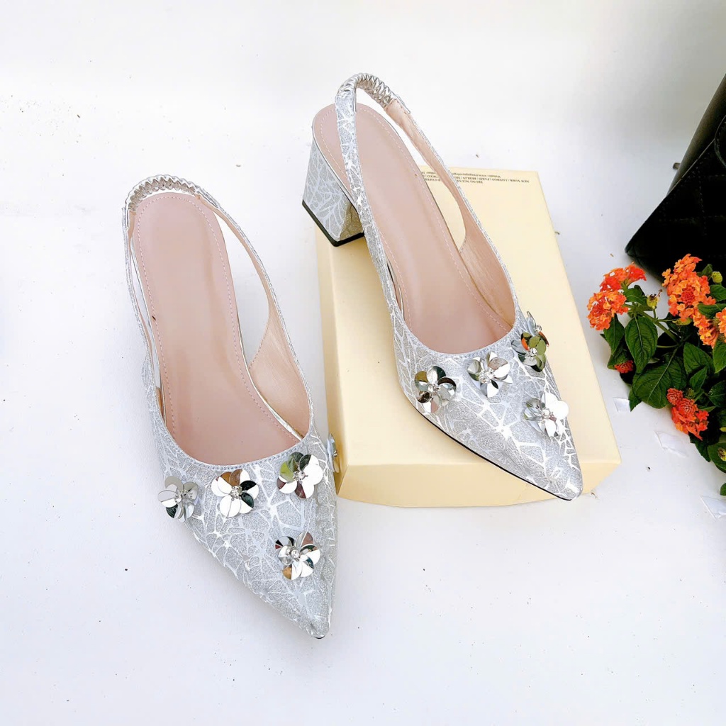 H14- Giày cao gót kim sa hoa nhí, size 35-40, gót 3-7cm