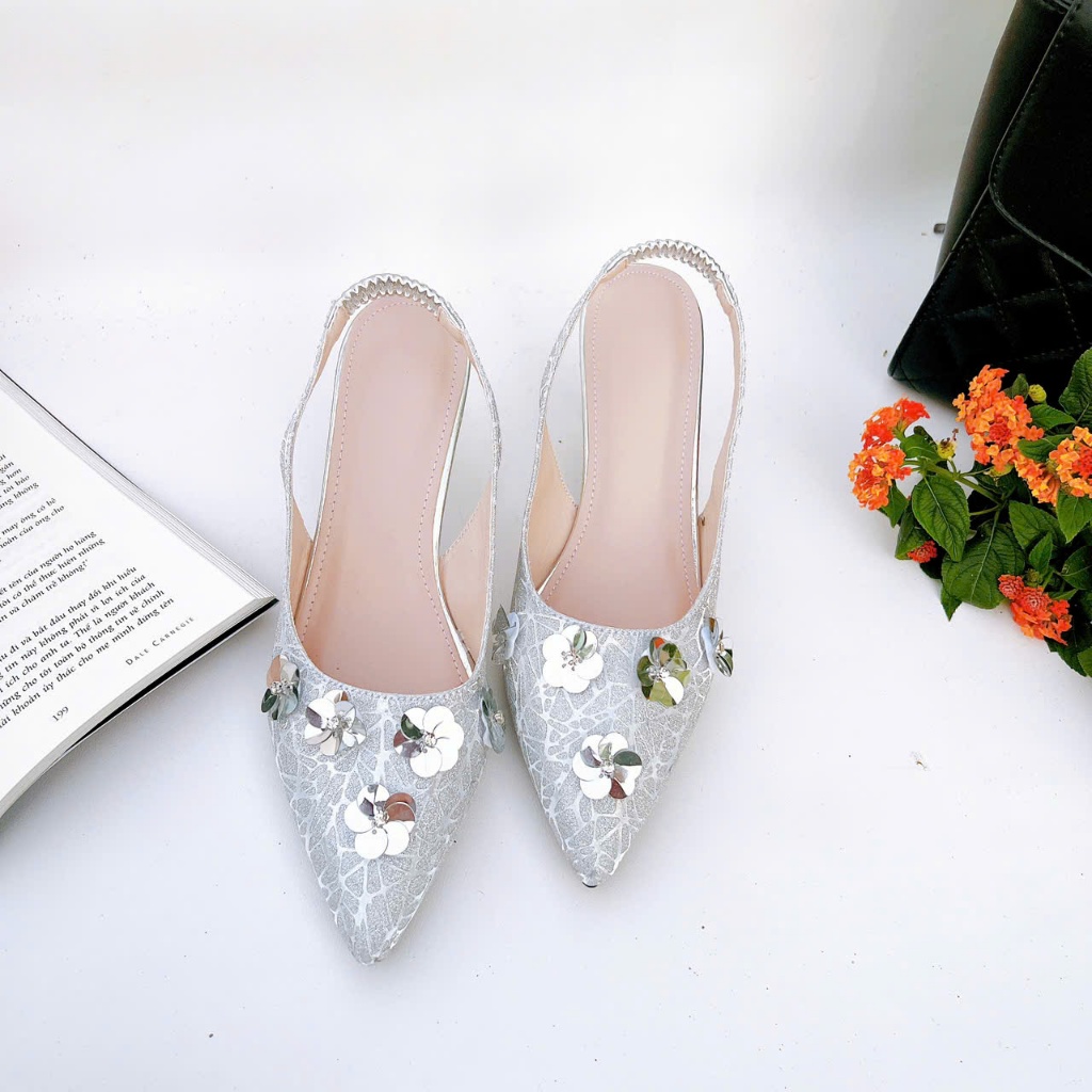 H14- Giày cao gót kim sa hoa nhí, size 35-40, gót 3-7cm