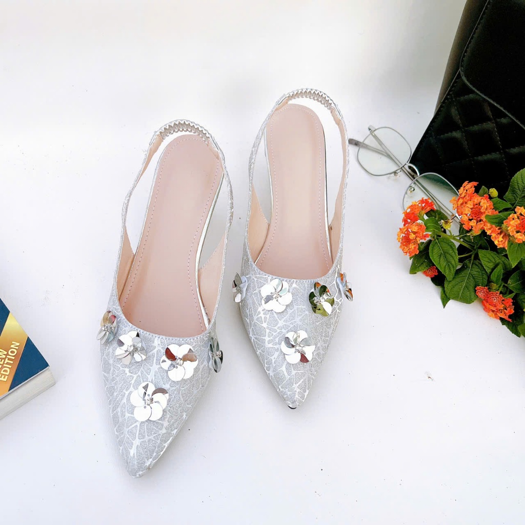 H14- Giày cao gót kim sa hoa nhí, size 35-40, gót 3-7cm