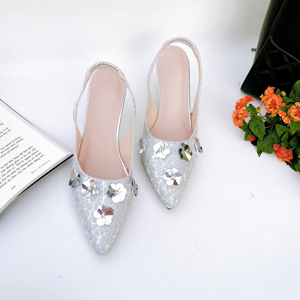 H14- Giày cao gót kim sa hoa nhí, size 35-40, gót 3-7cm