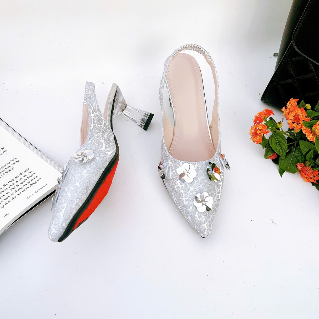 H14- Giày cao gót kim sa hoa nhí, size 35-40, gót 3-7cm