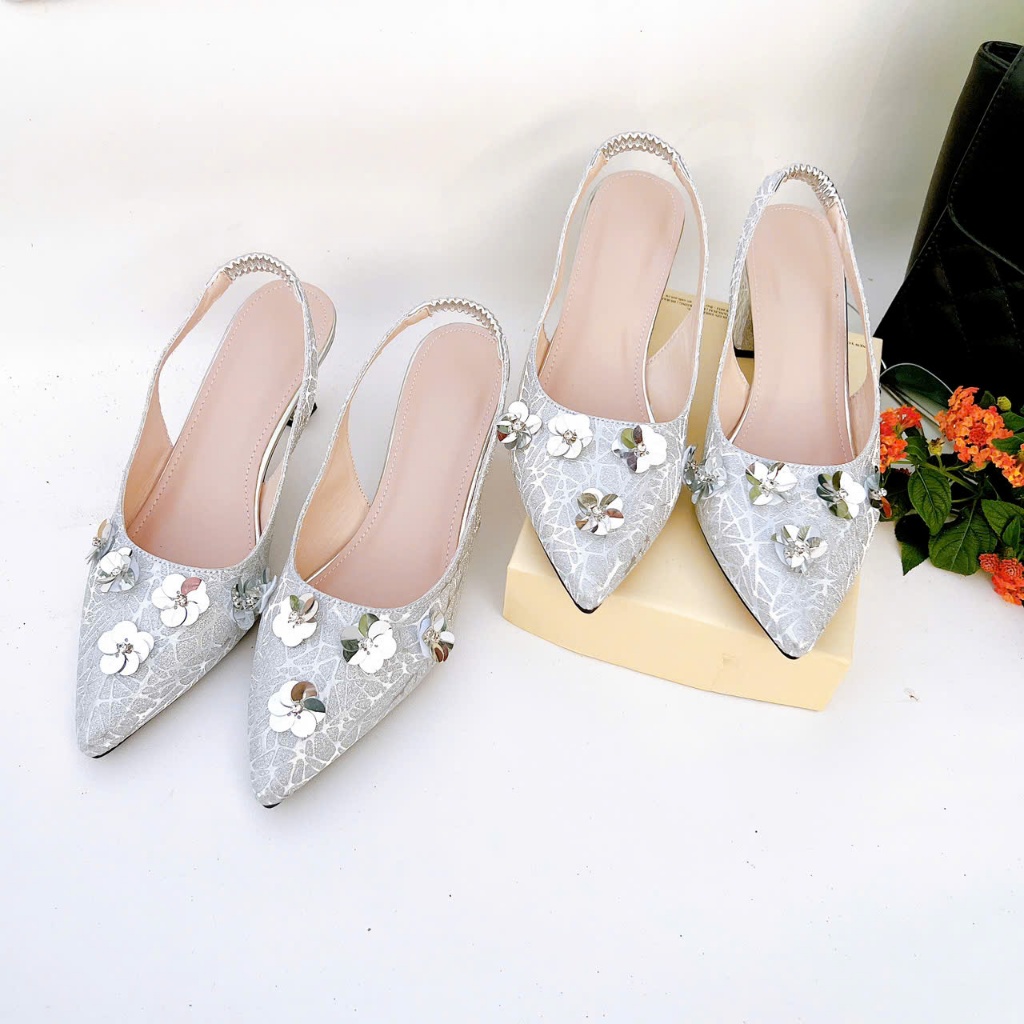 H14- Giày cao gót kim sa hoa nhí, size 35-40, gót 3-7cm
